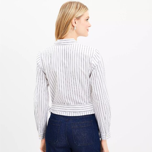 Ann Taylor Loft Striped Cotton Blend Side Wrap Blouse | NWT | XS | White Black - Picture 2 of 7